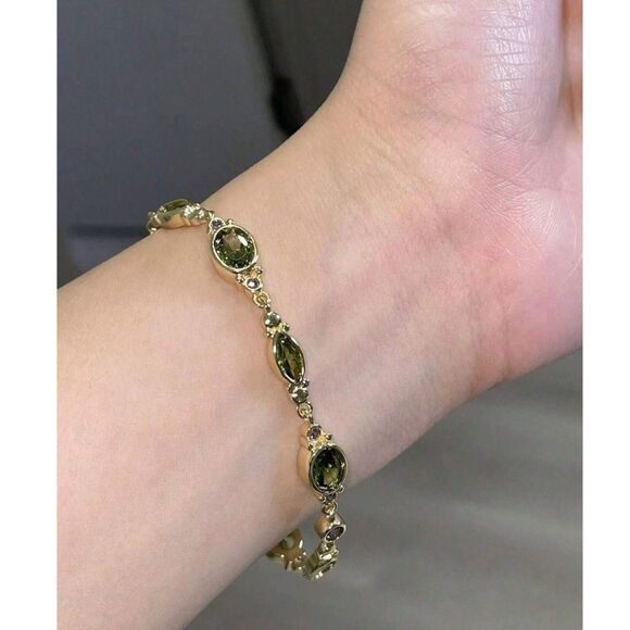 Gold Gemstone Link Bracelet Smlated Peridot & Amethyst Crystal Multicolor Charm - Picture 4 of 5